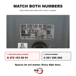 Mercedes Bosch ECU label showing matching Mercedes-Benz and Bosch part numbers